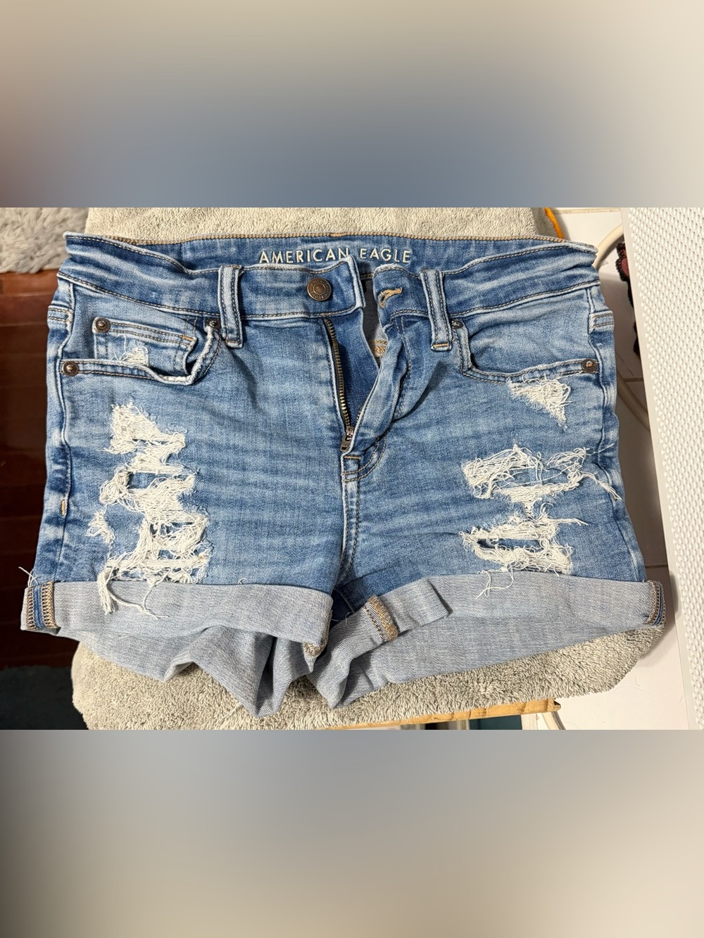 American Eagle Outfitters Women's Light Blue Distressed Denim Shorts